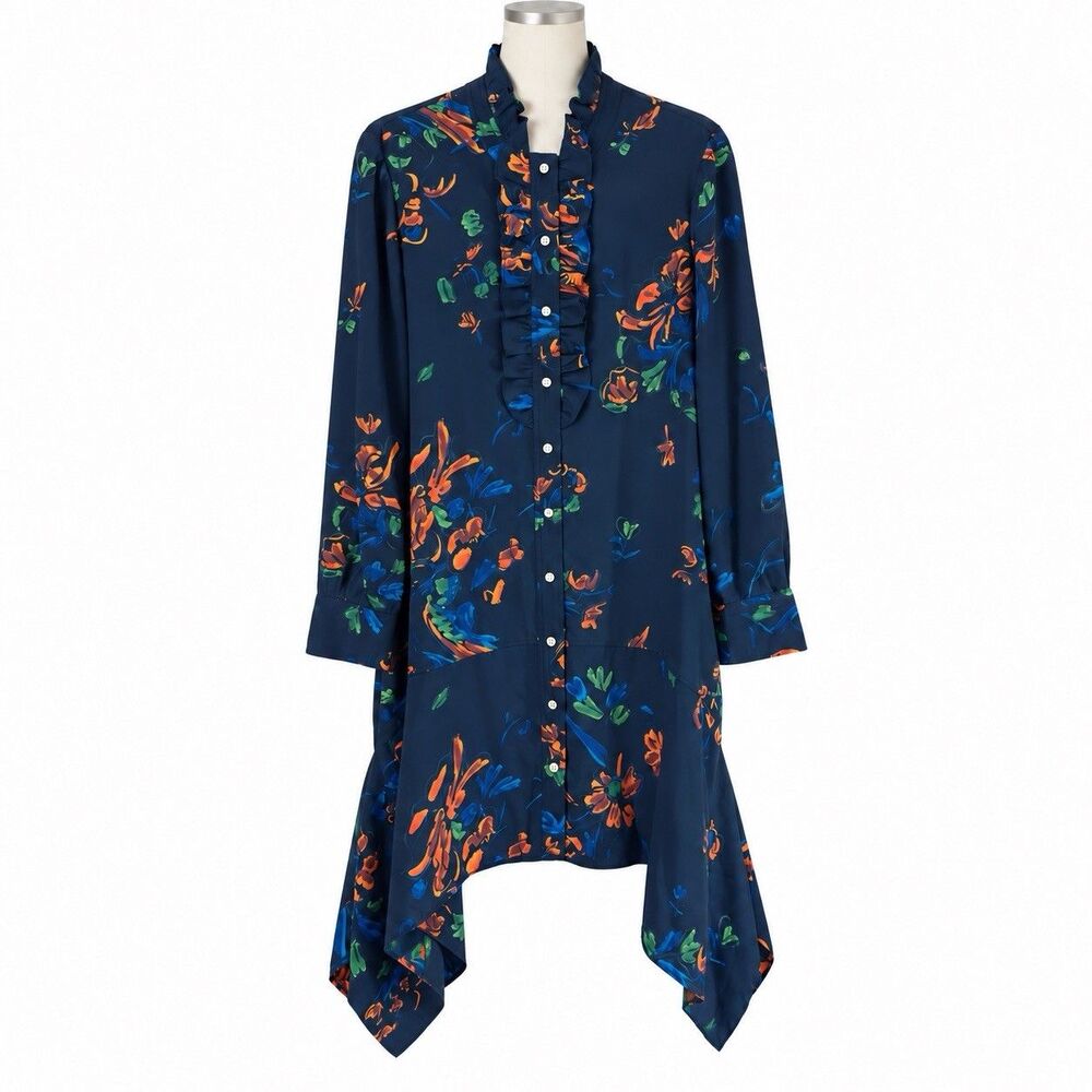NWT Tory Burch Size 12 Navy Floral Ruffle Button Front Handkerchief Hem Dress
